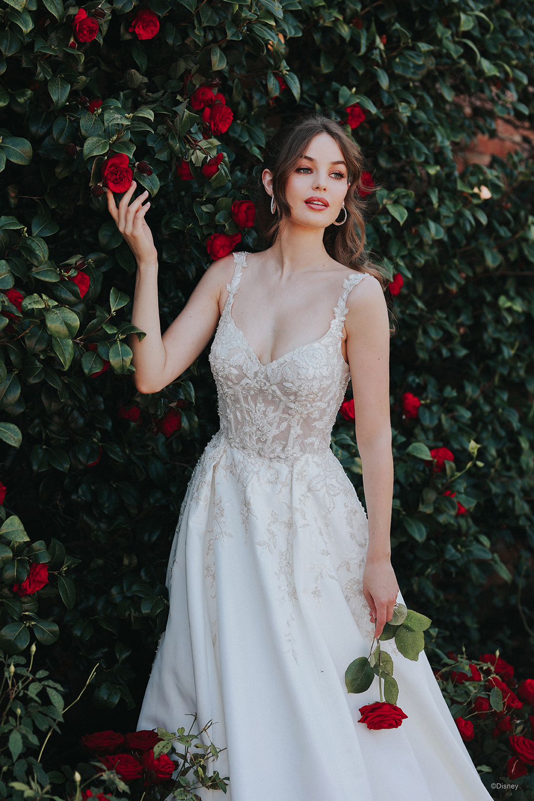 An ethereal, romantic gown with a sparkling illusion lace bodice leading to  a light, soft A-line tulle and chiffon skirt featuring a high